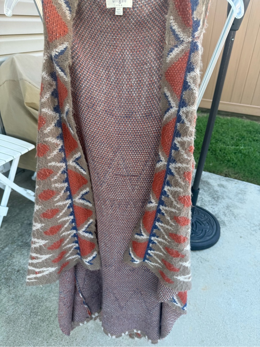 Umgee Open-Front Cardigan with Rust, Blue & Cream Pattern